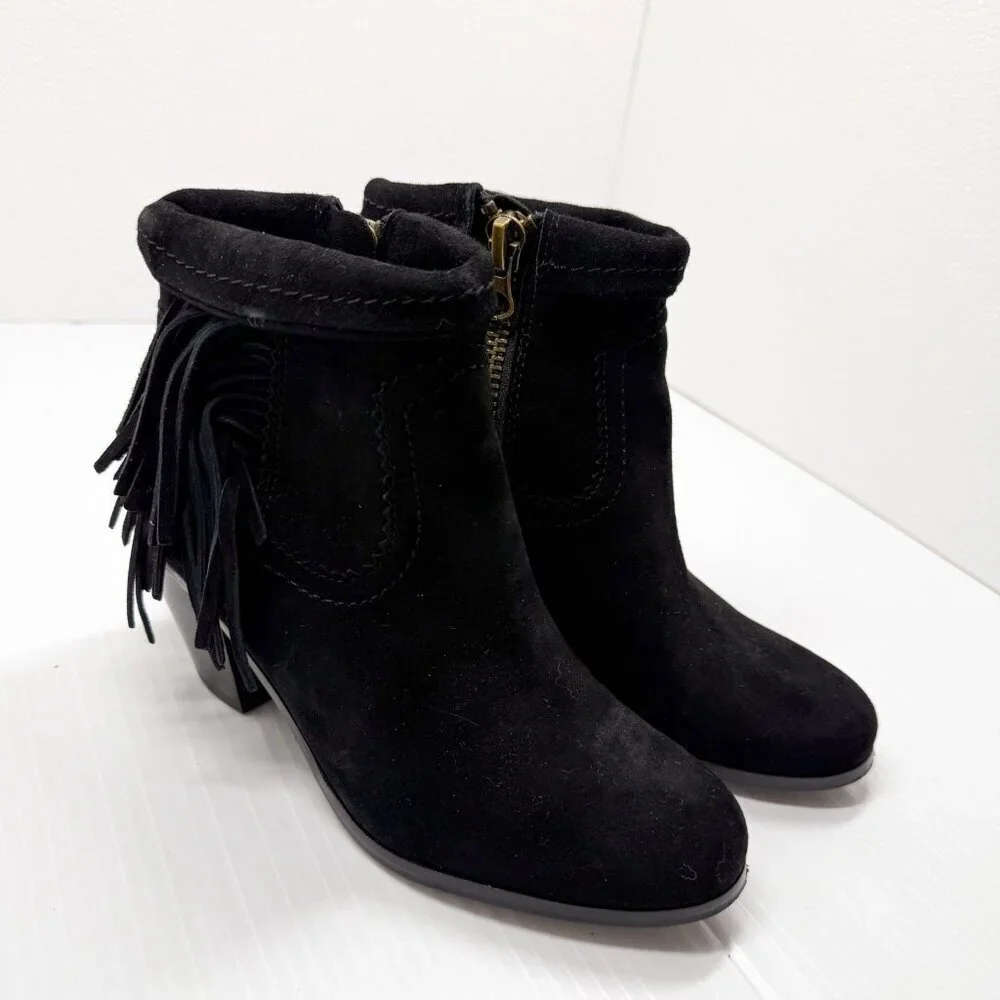 Sam Edelman Louie Black Suede Fringe Ankle Booties Block Heel Womens 6M
